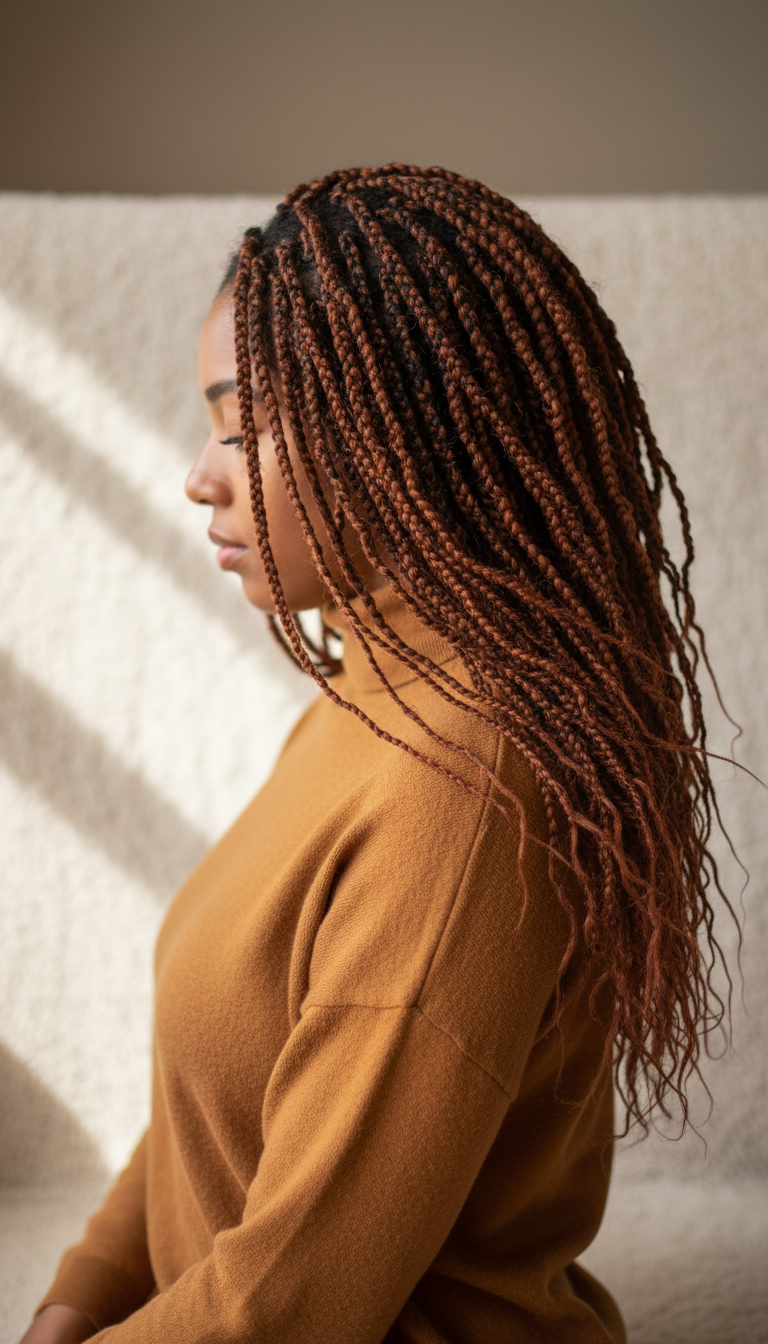 Mid-back Marley Twists, highlighting kinky texture and volume. Lightweight protective style blending naturally with a simple turtleneck.