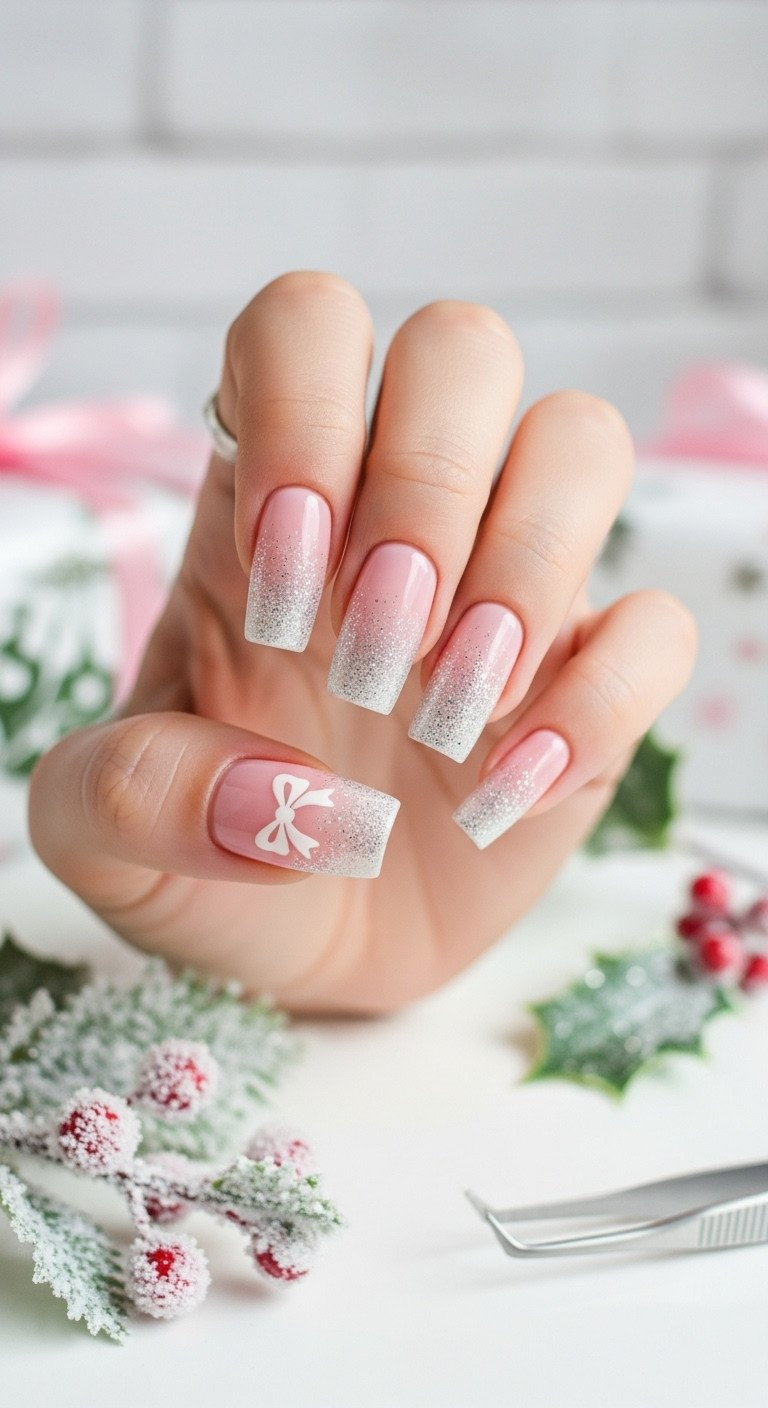Mid-length baby pink nails with silver glitter gradient, white bow decal, frosted holly, on a white table.