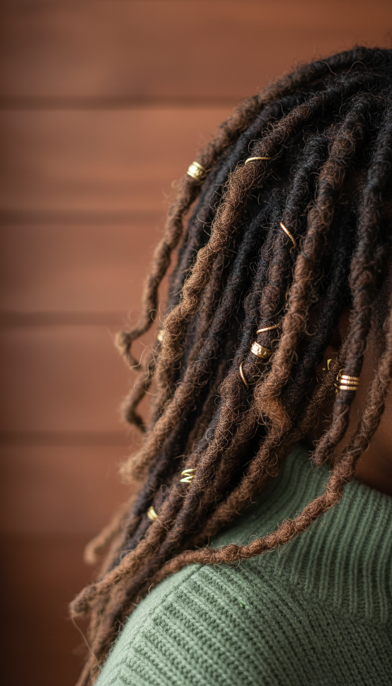 Mid-length distressed faux locs, highlighting messy, fuzzy texture, volume, and matte finish with gold jewelry details.