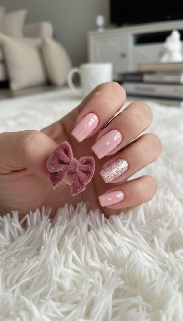Mid-length pale pink nails with large deep mauve velvet flocked 3D bow and glitter. Cozy soft carpet.