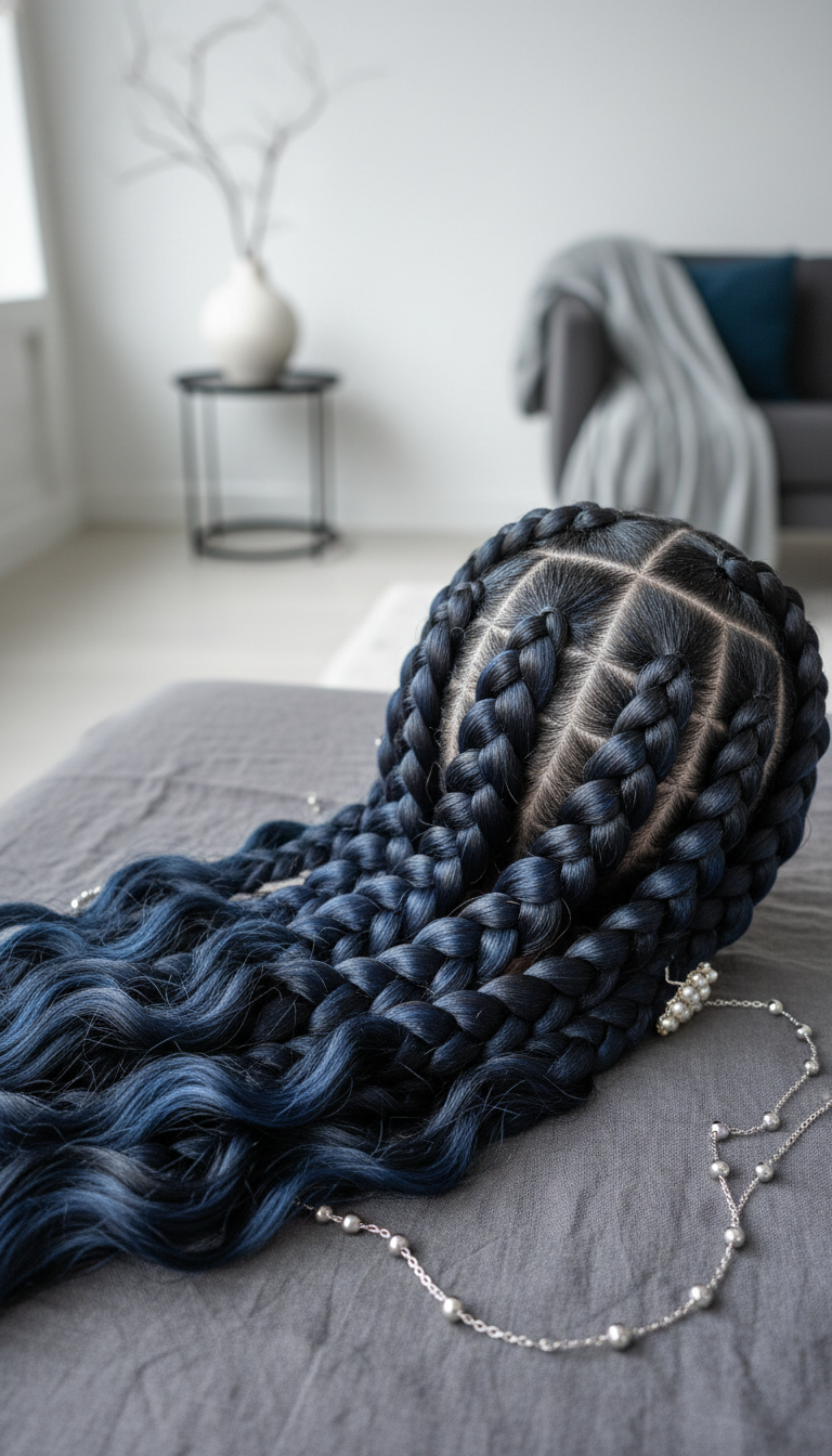 Midnight blue goddess braids with thick, wavy strands, subtle blue on black hair, styled with silver jewelry and a pearl pin.