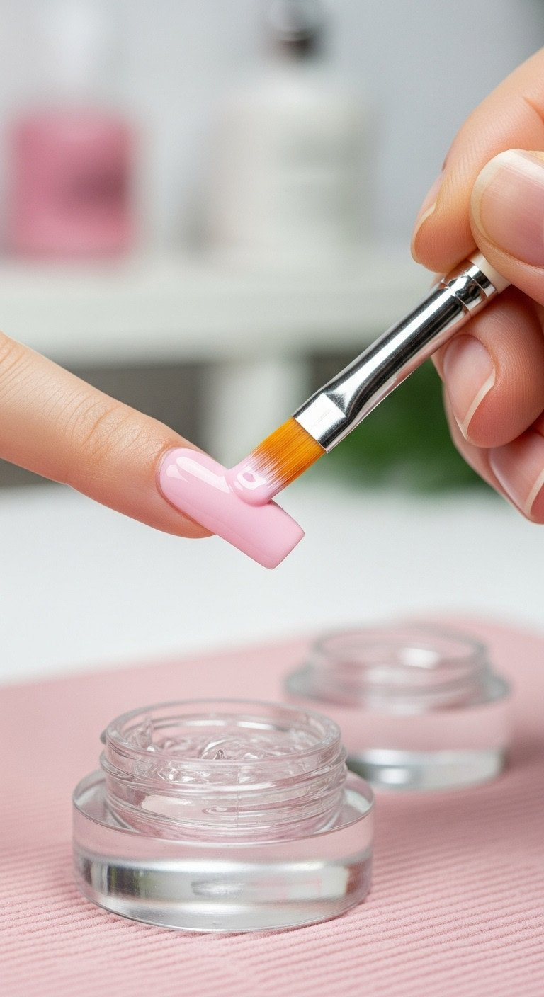 Milky pink builder gel (BIAB) smoothly brushed onto a natural square nail, creating a sturdy base for 3D elements on a manicure mat.