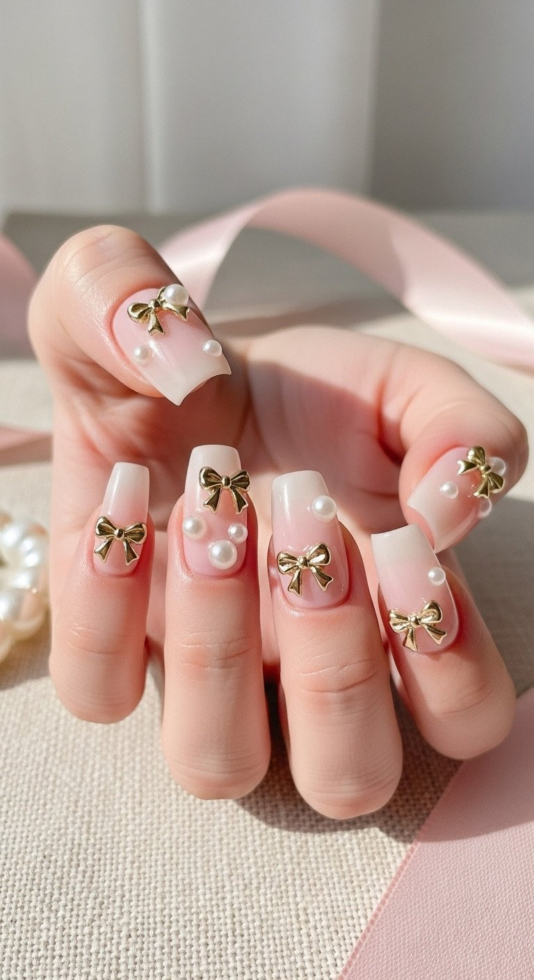 Milky translucent pink coquette aesthetic nails with delicate 3D gold micro-bow charms and pearl accents. Hyper-feminine soft manicure.