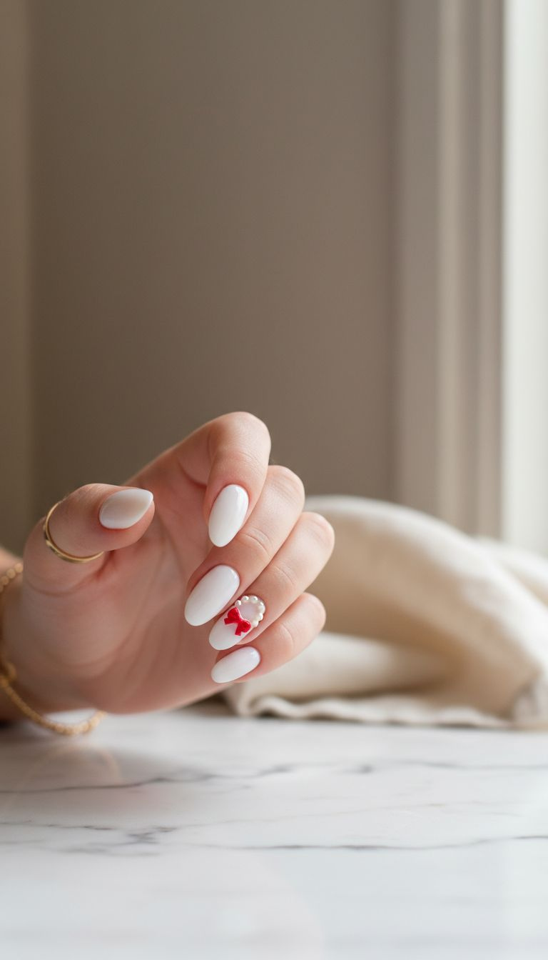 Milky white almond coquette nails with a red bow charm and ivory pearl accents on white marble. Elegant nail art perfect for lifestyle blogs.
