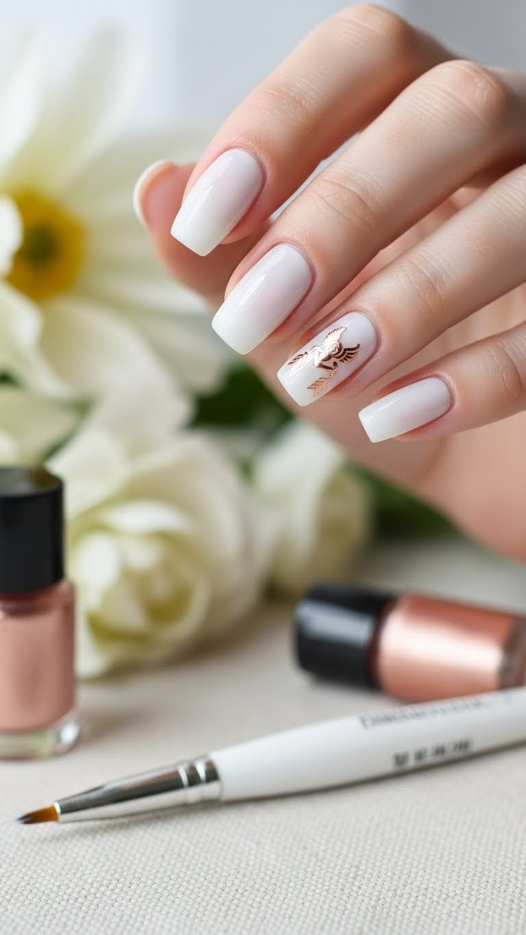 Minimal Short Coffin Nails in milky white with a subtle rose gold cupid arrow on one accent nail. Delicate Valentine's nail art.