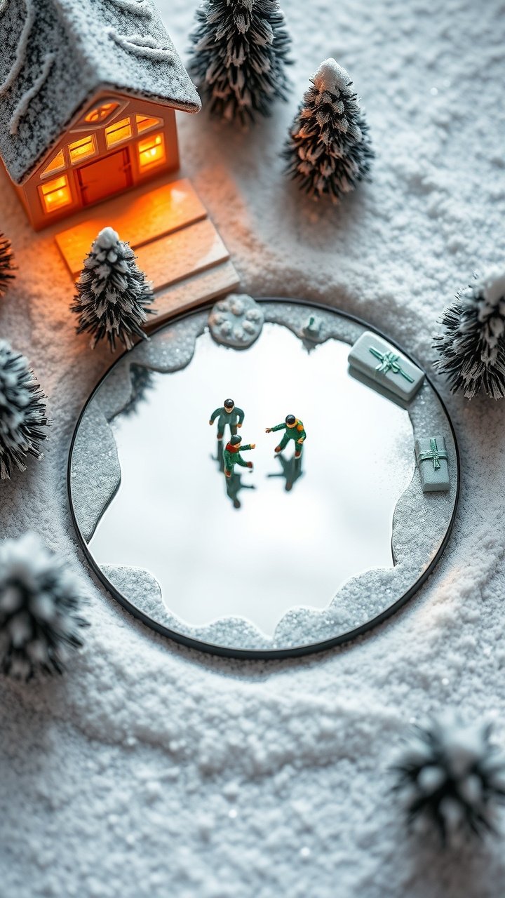 Minimalist DIY vertical Christmas village display using three stacked white-painted wooden crates as shelves for houses.