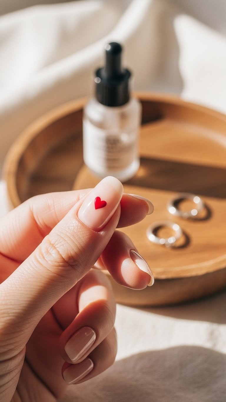Minimalist Valentine's Day nail art featuring a delicate red heart on a nude almond-shaped nail with a silver ring on a wooden tray.