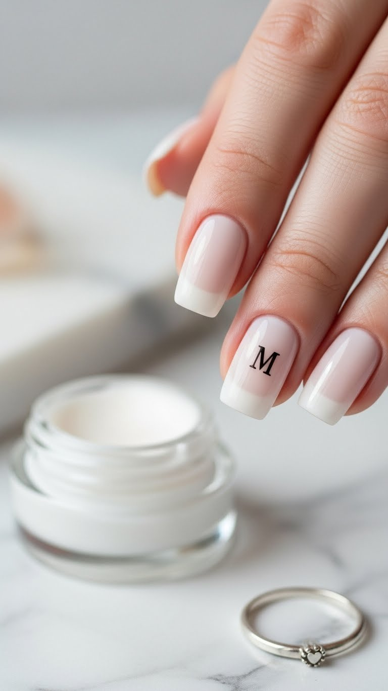 Minimalist Valentine's Day nail art on a neutral short square nail featuring a crisp black initial 'M', on a marble counter with hand cream.