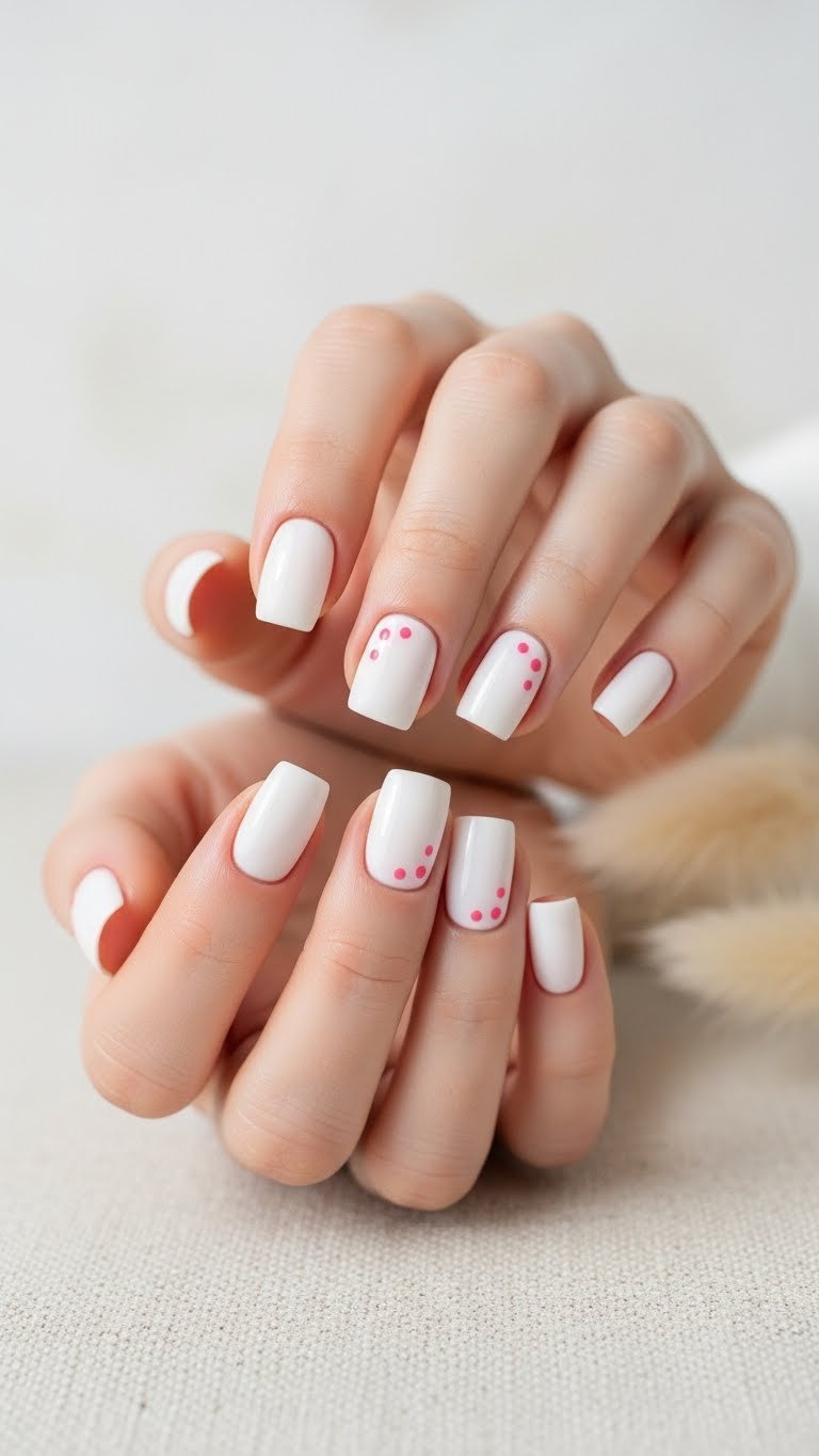 Minimalist Valentine's Day nails: short square-shaped with three tiny pink dots on a milky white base, linen backdrop.