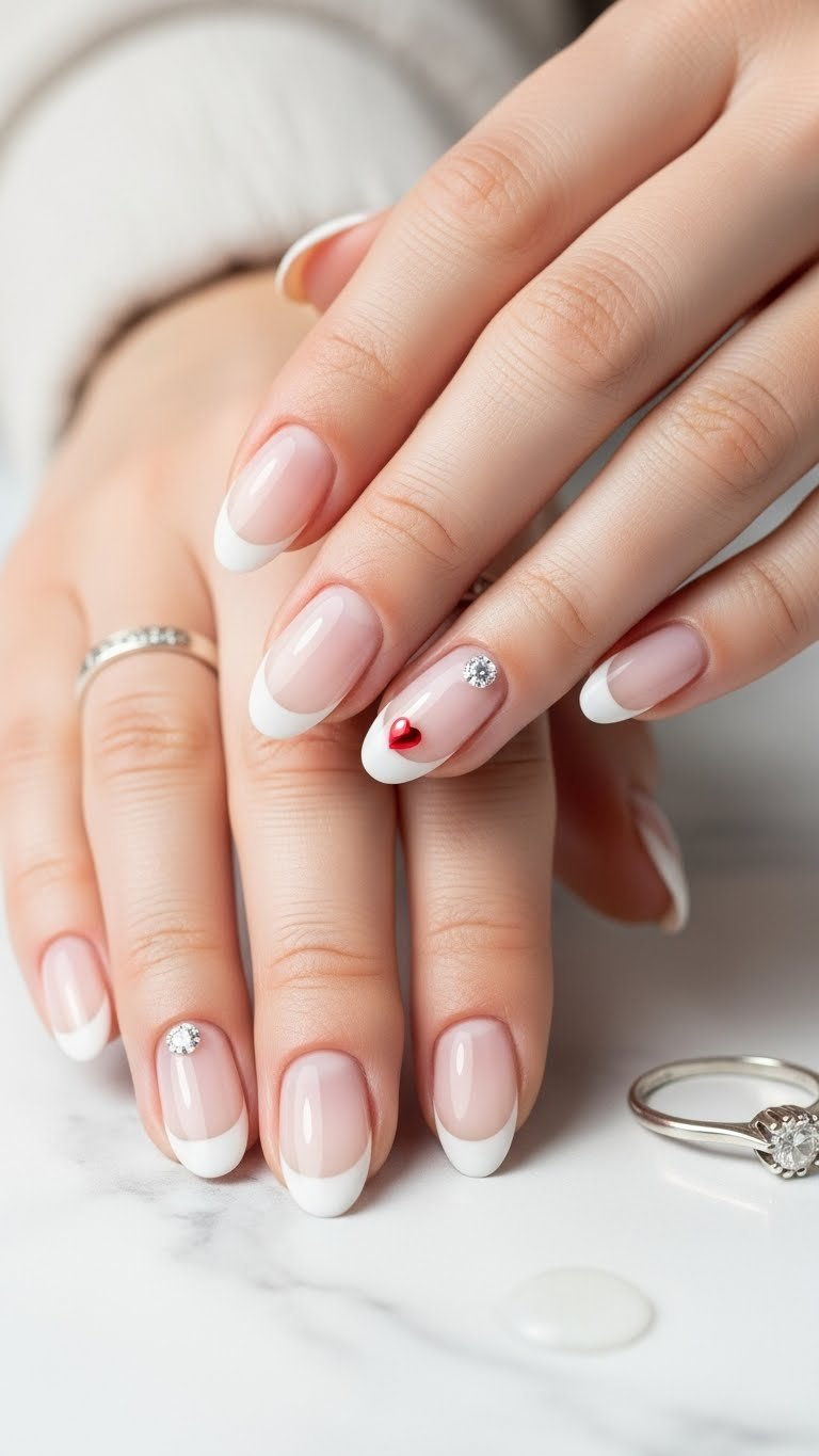 Minimalist almond nails, soft white micro French tips, tiny rose gold heart decal near cuticle. Elegant nail art on marble.