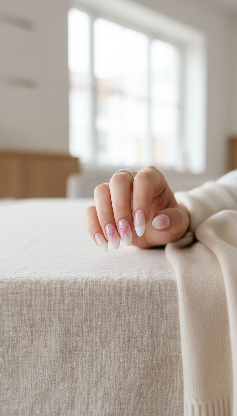 Minimalist balletcore nail art: delicate pink ribbon bows on sheer milky white almond gel nails with a silver ring and cashmere scarf.