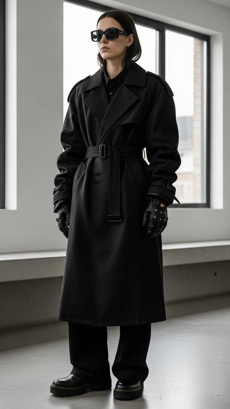 Minimalist edgy style with oversized black trench coat, monochrome layers, black sunglasses, and structured gloves.