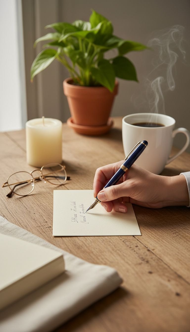 Minimalist flat lay of a hand writing in a cream greeting card with a fountain pen on a rustic wooden desk with coffee.
