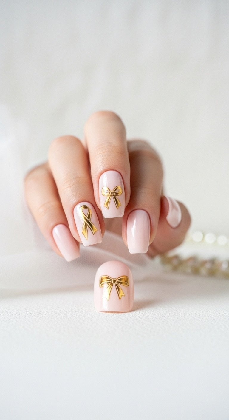 Minimalist gold metallic bow tie nail art on cream nail, delicate painted design, soft pink base, elegant pearl accessories.