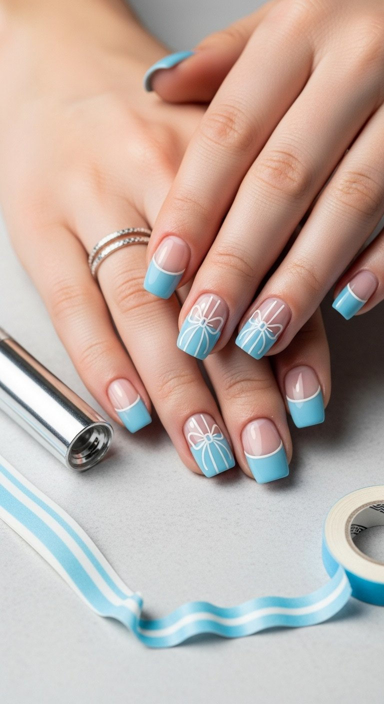 Minimalist light blue nails with negative space design. Fine white pinstriping lines form a bow. Cuticle oil and striping tape.