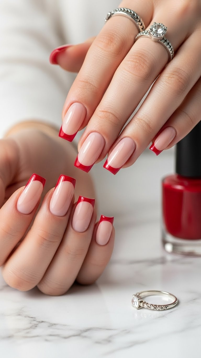 Minimalist medium-length square nails featuring a nude base with classic deep red French tips, on marble with a silver ring.
