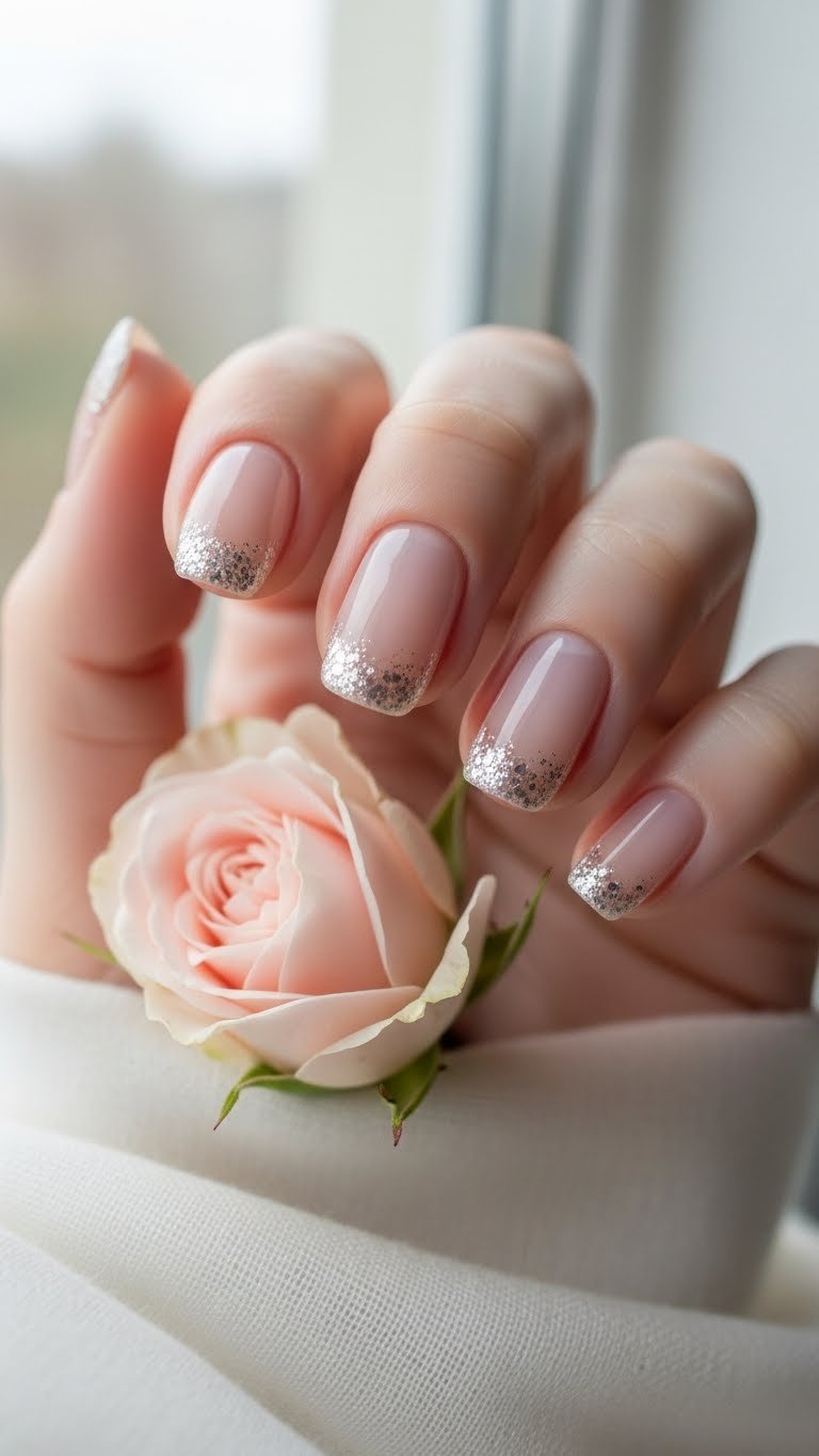 Minimalist micro-glitter nail art: sheer oval nails with delicate rose-pink glitter tips, on soft fabric with a rose bud.