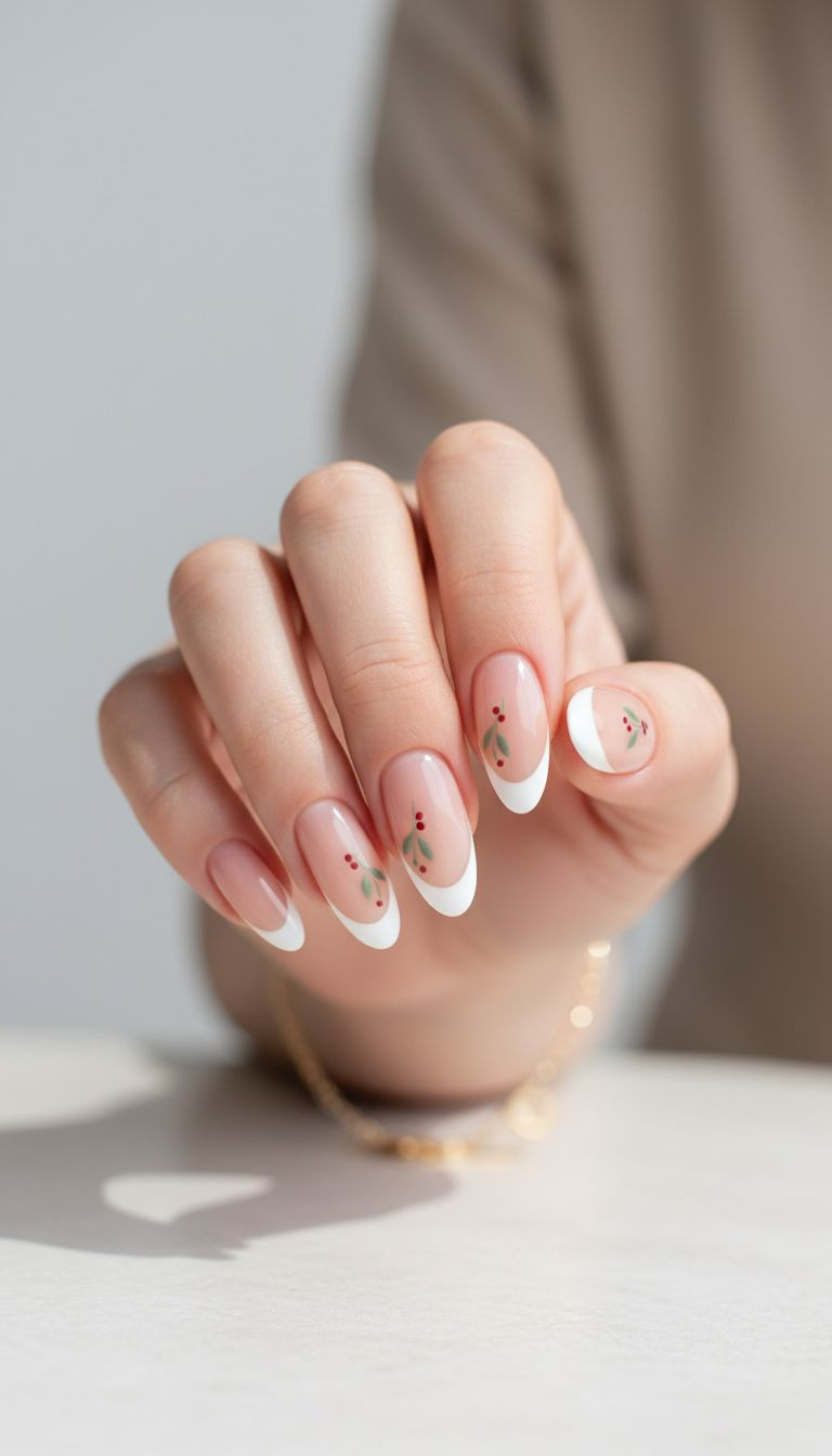 Minimalist mistletoe French tip nail art: white tip, green leaves, red berries on nude, with gold bracelet.