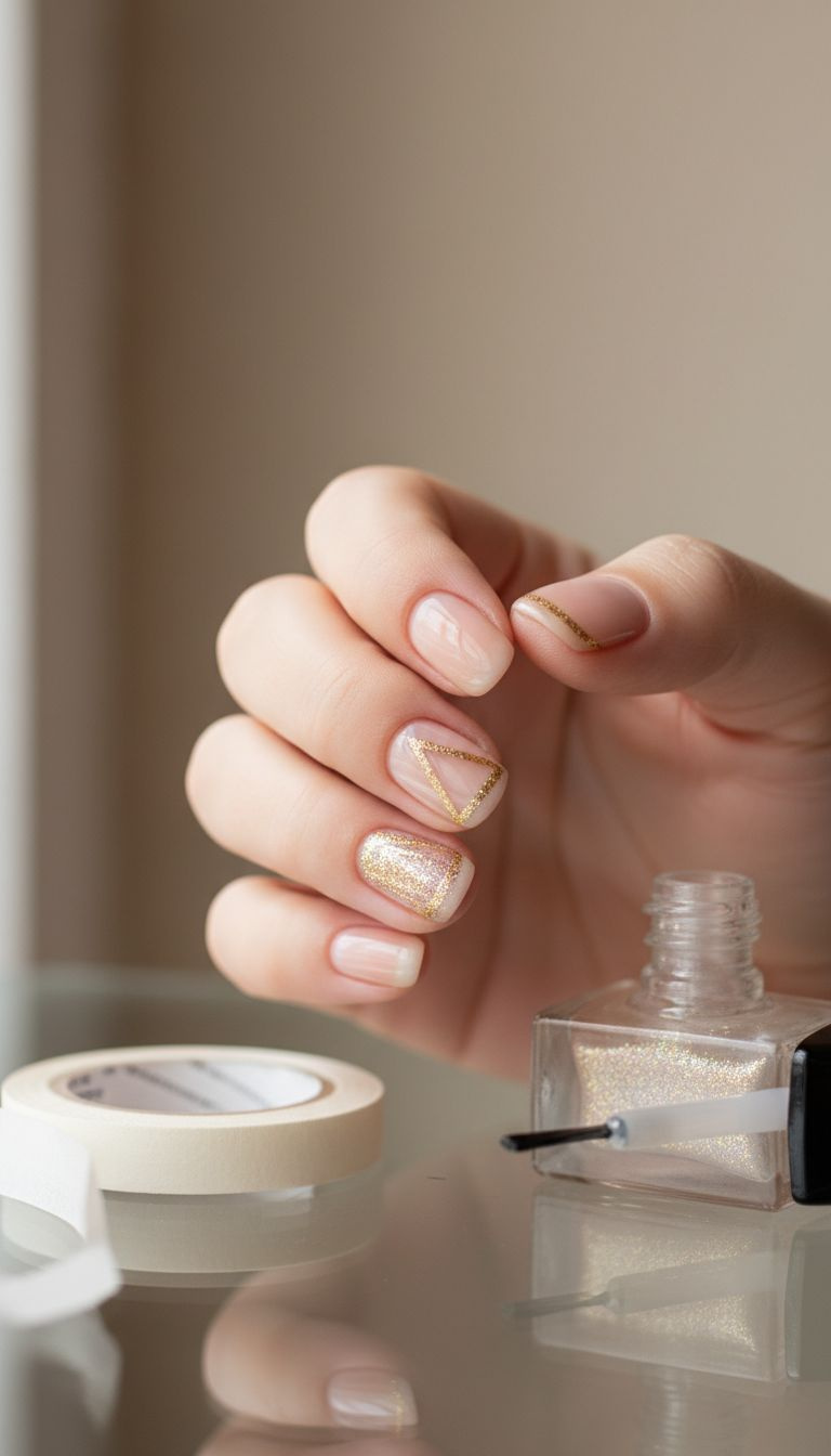 Minimalist negative space Christmas tree nail art with metallic gold glitter, on a clear glass surface.