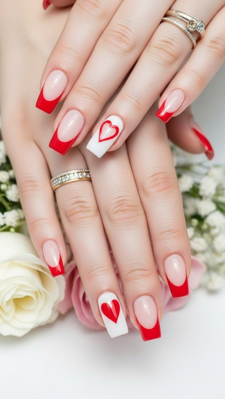Minimalist negative space Queen of Hearts nail art. Natural nails, red French tip, heart cut-out accent. Fresh look.