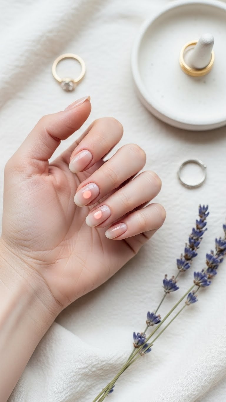 Minimalist nude aura oval nails with subtle peach/lavender glow, on white linen with ring holder. Serene, natural beauty.