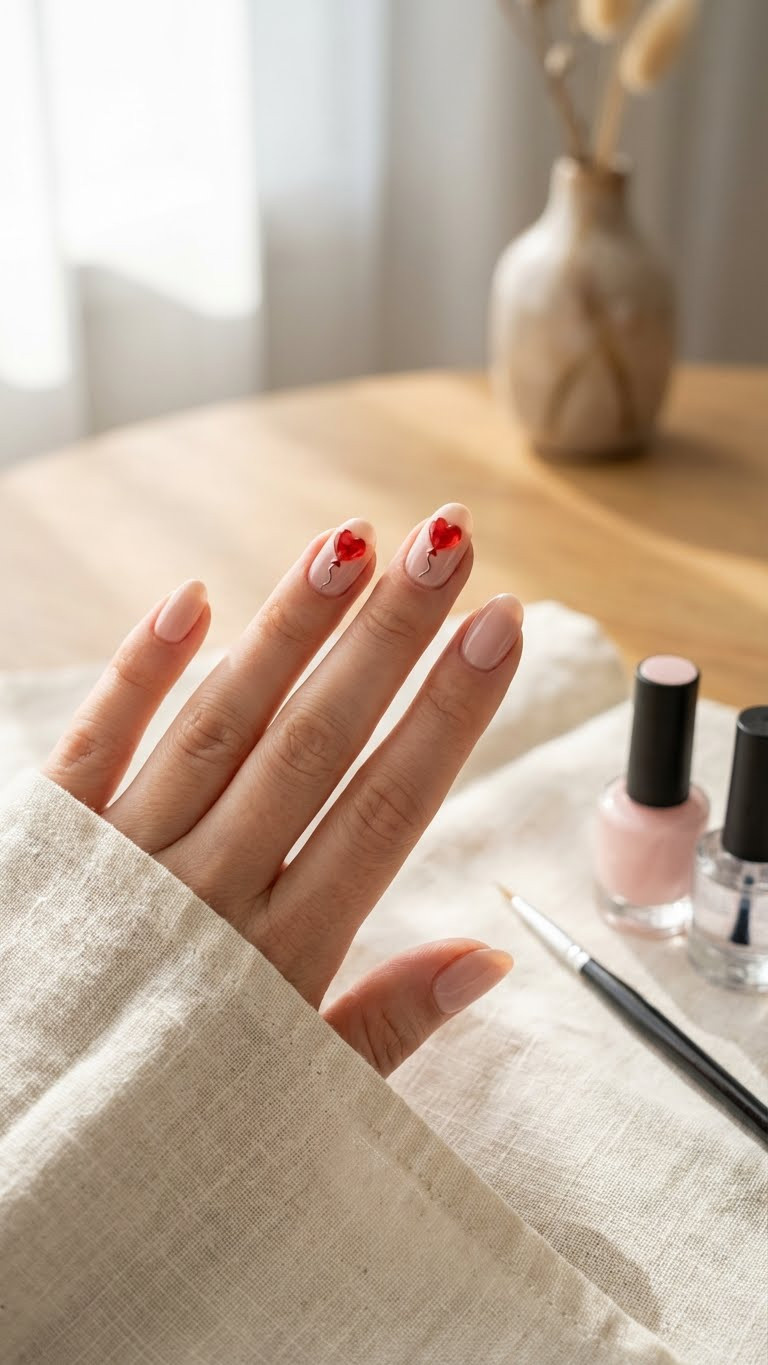 Minimalist nude nails with unique 3D heart balloon designs; translucent red hearts appear to float. Delicate art on linen.