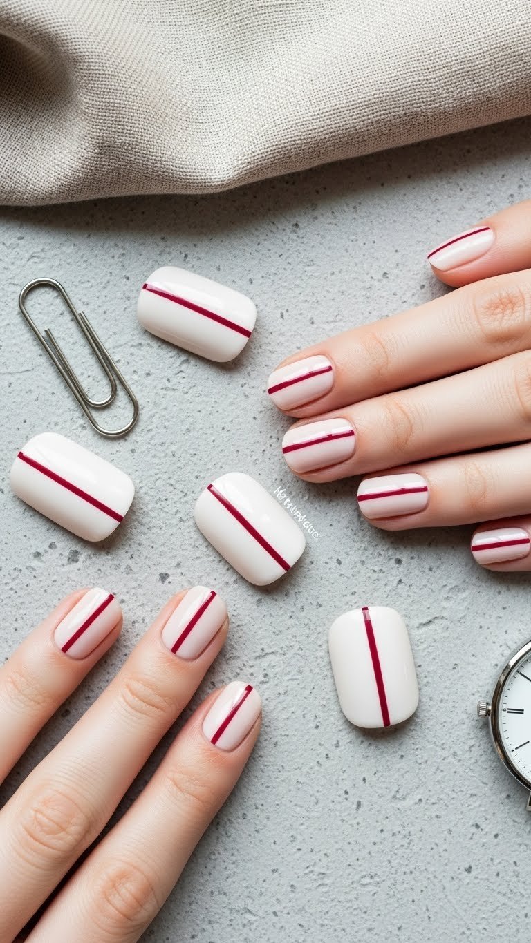 Minimalist red line art nails: precise deep red vertical lines on natural nails, on a concrete surface with a paperclip.