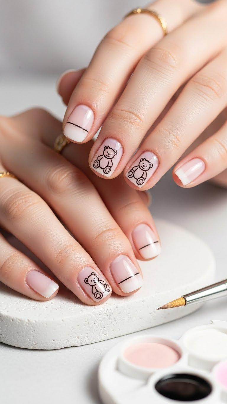 Minimalist short nails with sheer milky white polish, featuring subtle hand-painted black teddy bear outlines on ring finger and thumb.
