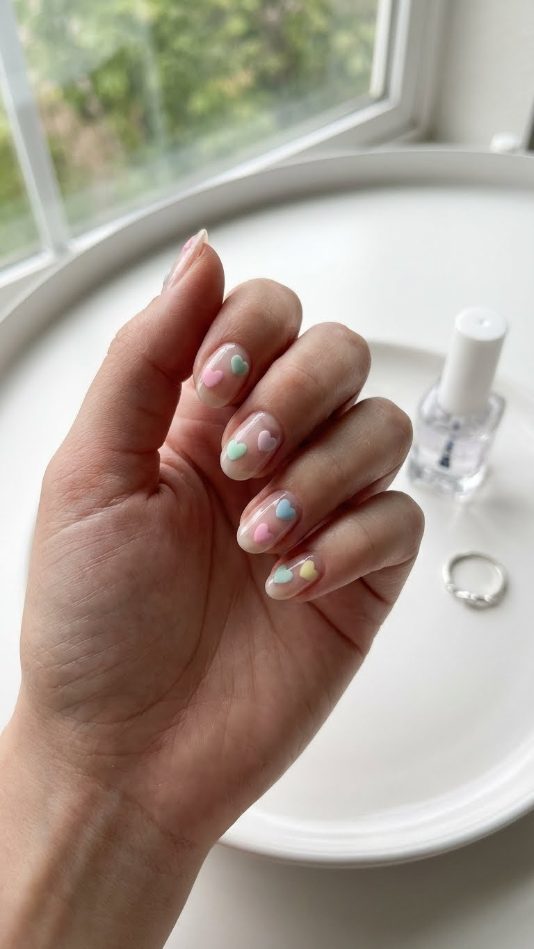 Minimalist short oval nails with tiny pastel candy hearts near cuticles. Clear varnish, accessory on white table in bright light.