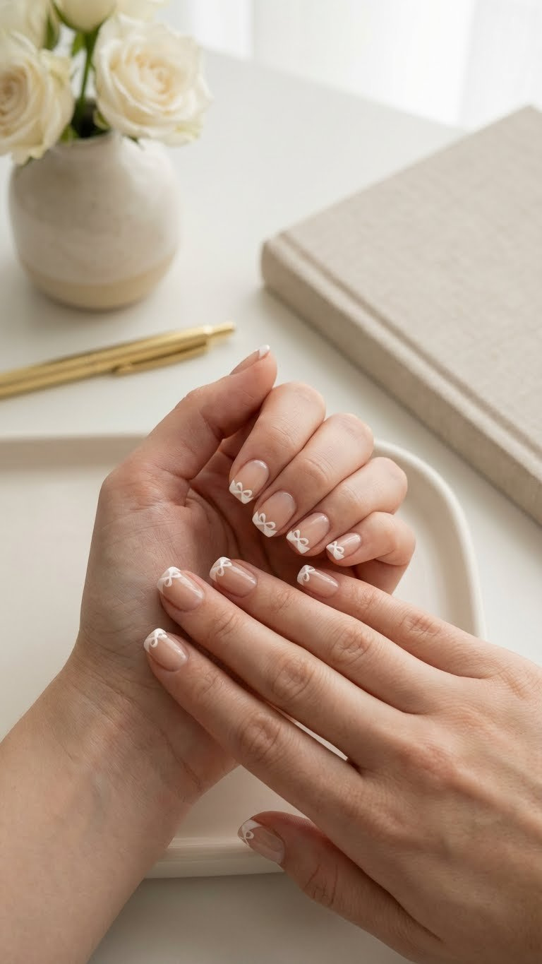 Minimalist short square nails with sheer nude base & subtle bow design on tips, like an inverted French, for chic Valentine's.