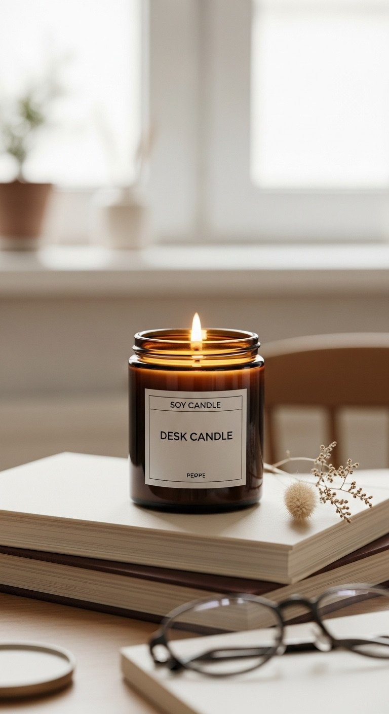 Minimalist soy wax candle in an amber glass jar sits on a stack of books on a wooden desk next to reading glasses.