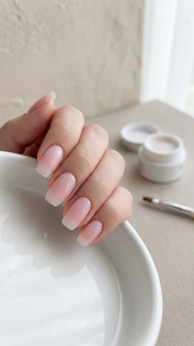 Minimalist syrup gel ombre nails with milky pink gradient to sheer clear tips, delicate design on a white ceramic dish.