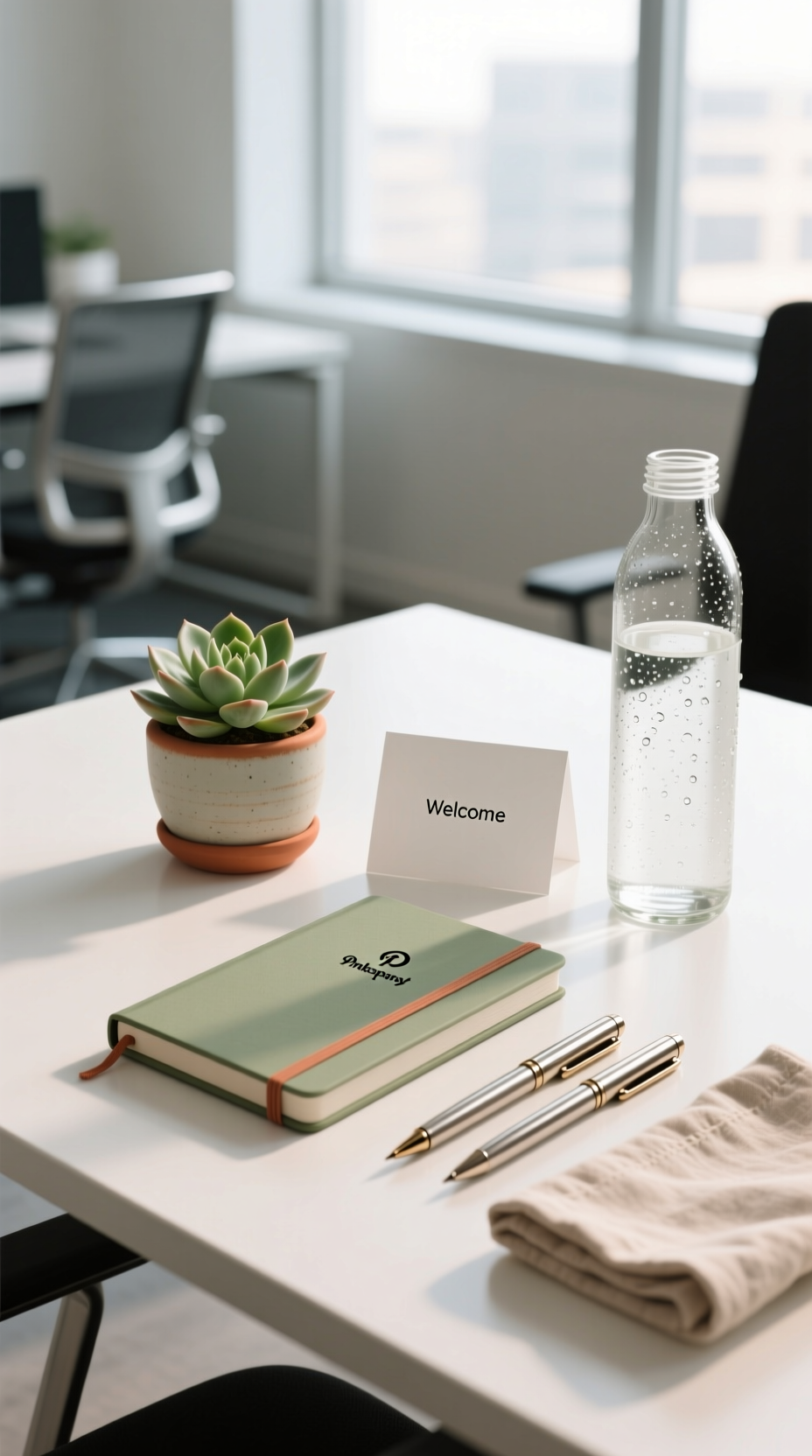 Minimalist top-down view of a handwritten notecard with a single sprig of eucalyptus on an elegant gray stone surface.