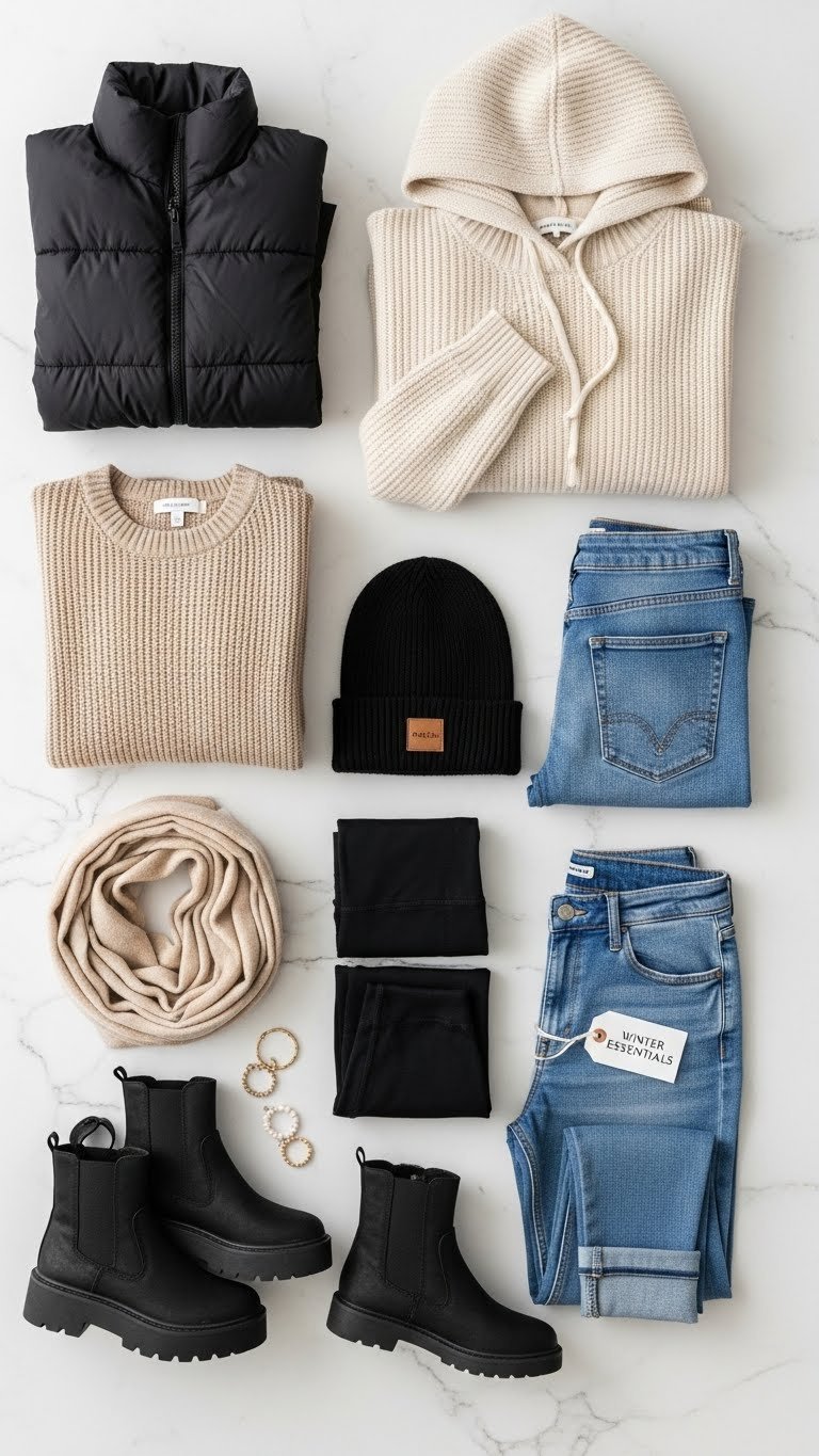 Minimalist winter capsule wardrobe flat lay: puffer, sweater, jeans, hoodie, scarf, beanie, boots. Teen fashion essentials.
