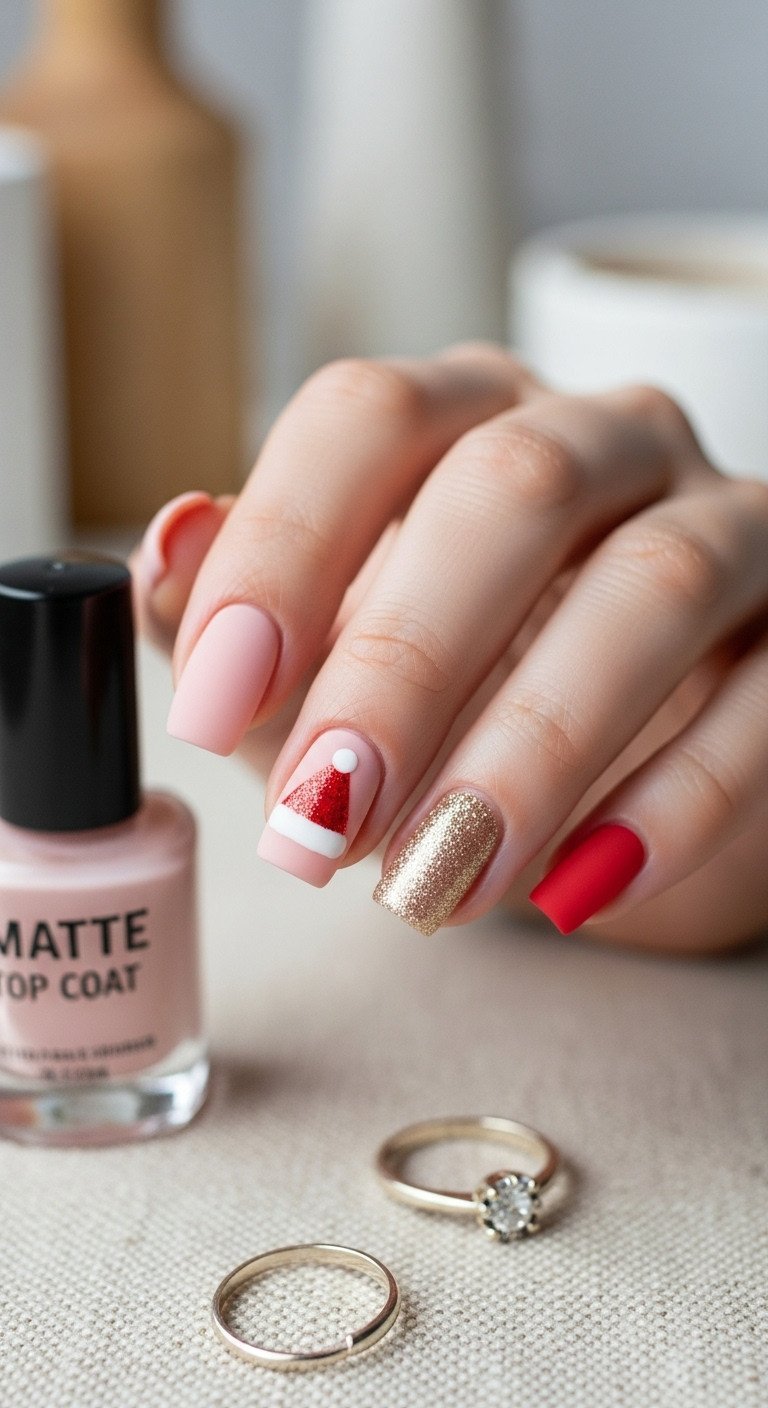 Modern Christmas nails with matte Santa Hat design, blush pink and elegant gold glitter, on beige linen.