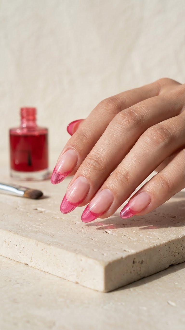 Modern French glossy pink jelly tip manicure, transparent and wet-look nails, against a minimalist setting for a clean style.