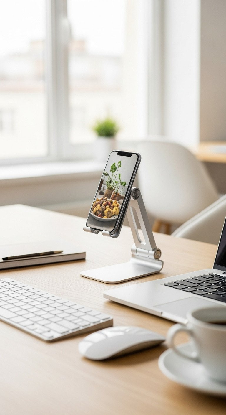 Modern adjustable aluminum phone stand holding a smartphone on a light wood desk next to a keyboard and coffee mug.