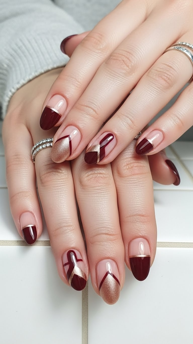 Modern almond nails featuring a chic negative space geometric design with maroon and rose gold lines on a nude base.