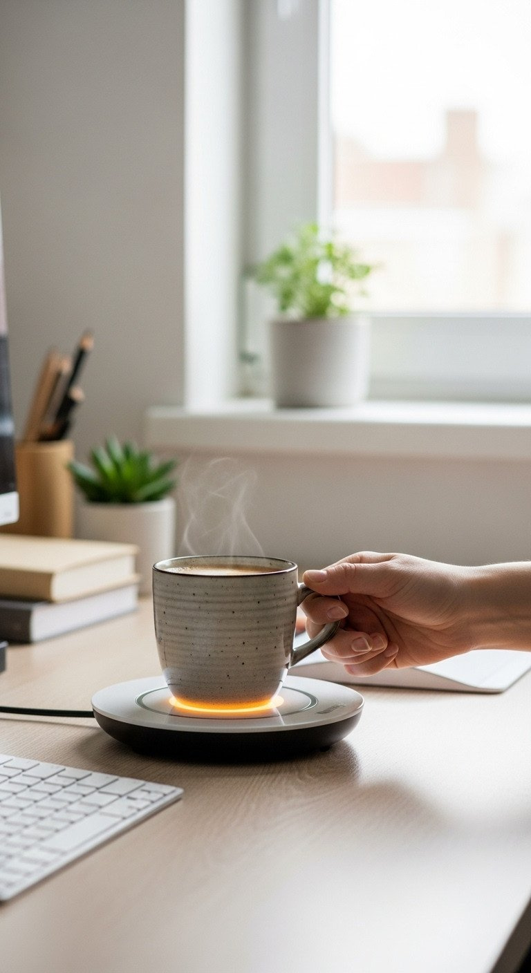 Modern electric mug warmer with a glowing light keeps a ceramic coffee mug hot on a home office wooden desk with a plant.
