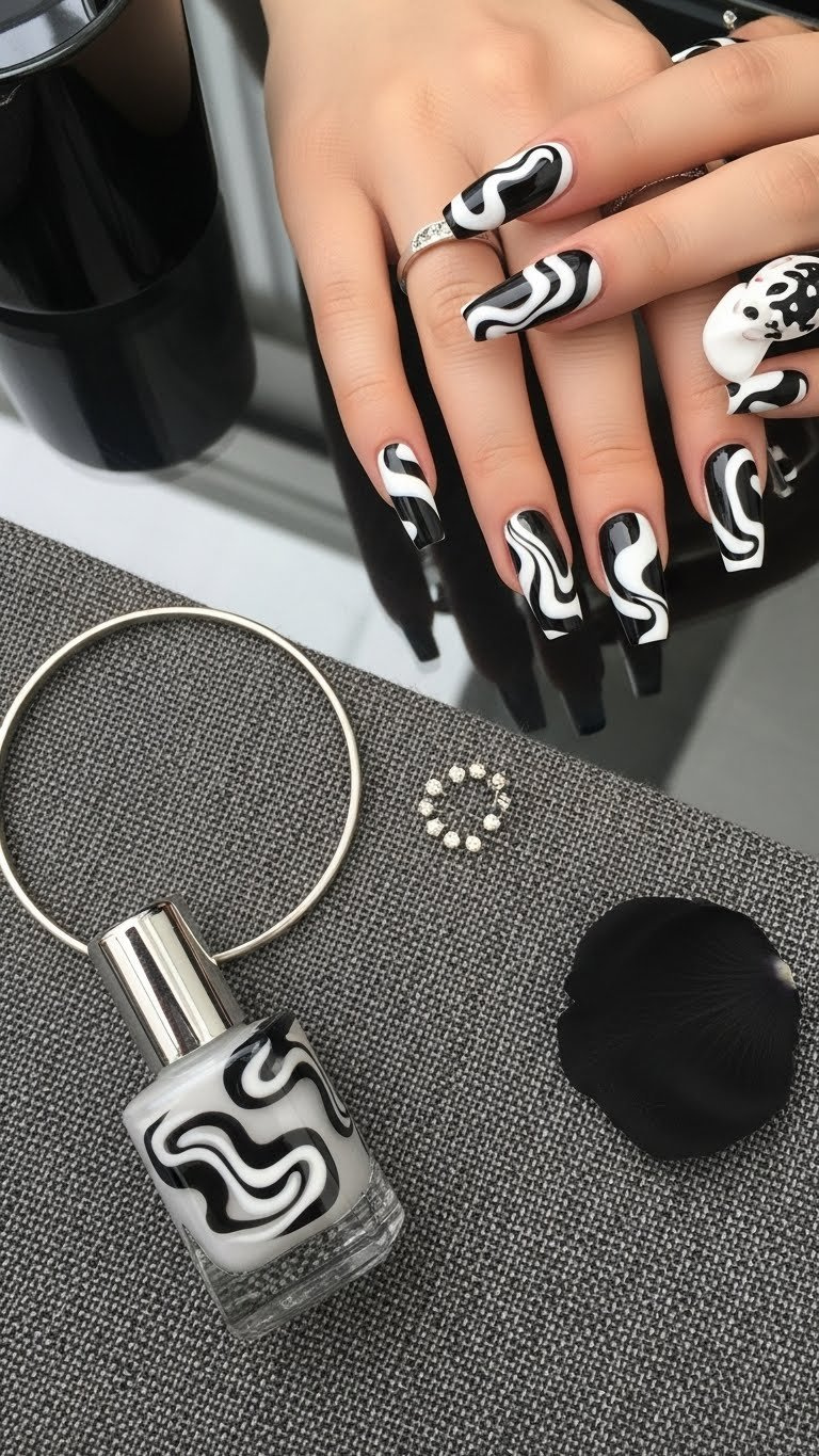 Modern high-contrast black and white abstract swirl nails. Elegant manicure, silver bangle, black rose petal on charcoal gray linen.