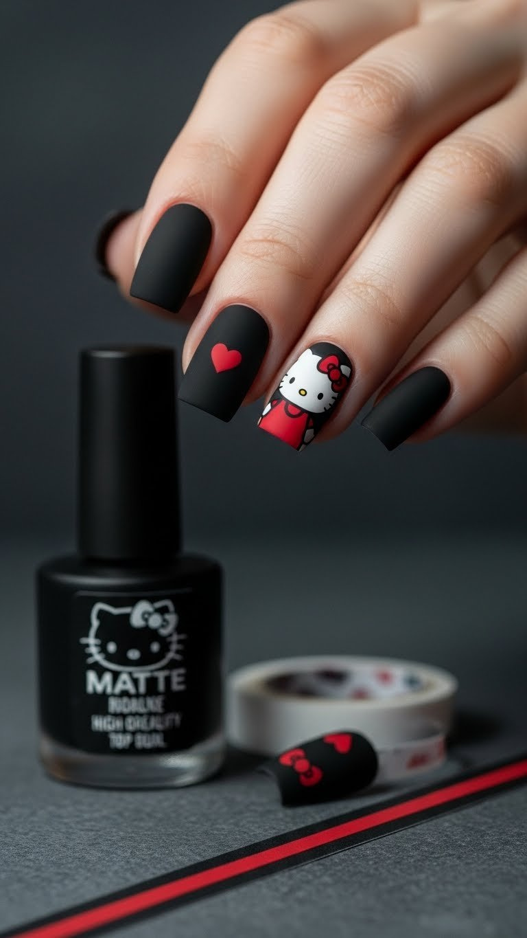 Modern matte black Hello Kitty Valentine nails with glossy red outline, negative space design, elegant and sophisticated.