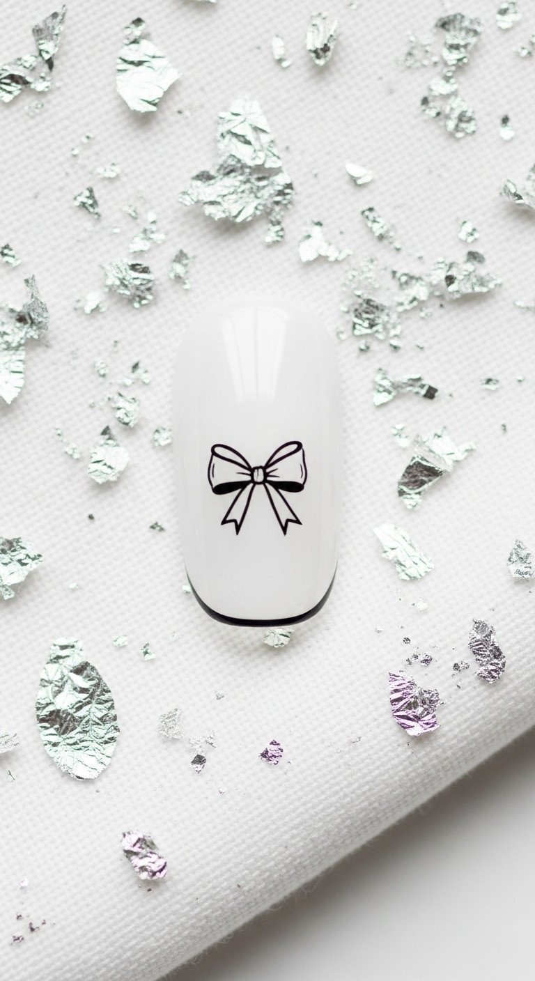 Modern minimalist nail art: clear glossy nail with delicate black bow outline, negative space manicure, silver flakes.