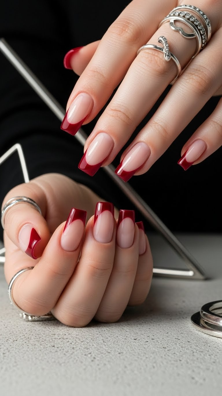 Modern negative space V-tip manicure with sharp deep red wine tips on square nails. Chic, minimalist design on concrete.