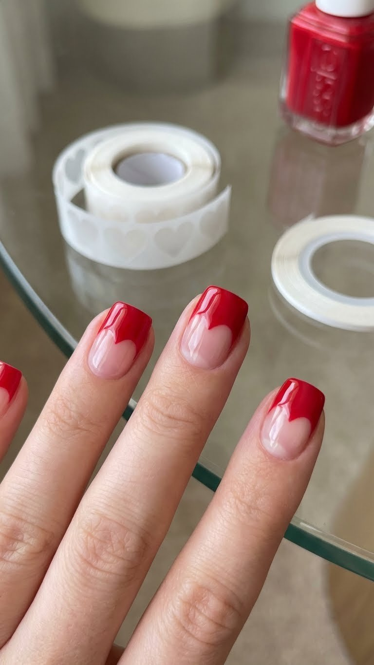 Modern negative space heart nail art with vibrant cherry red polish. Clear base, sharp edges, nail tape on glass.