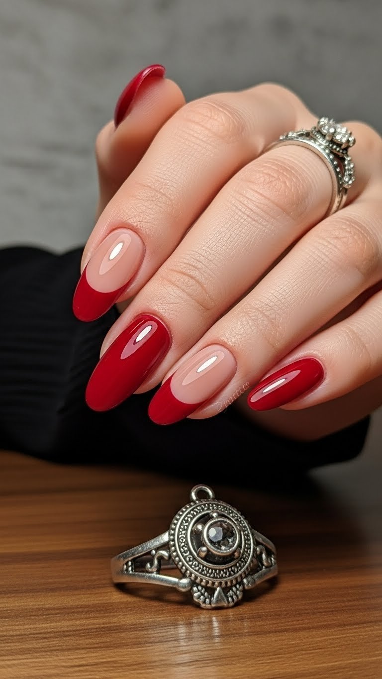 Modern reverse French manicure on long cherry red oval nails with a nude cuticle line, on dark walnut wood. Elegant nail art.