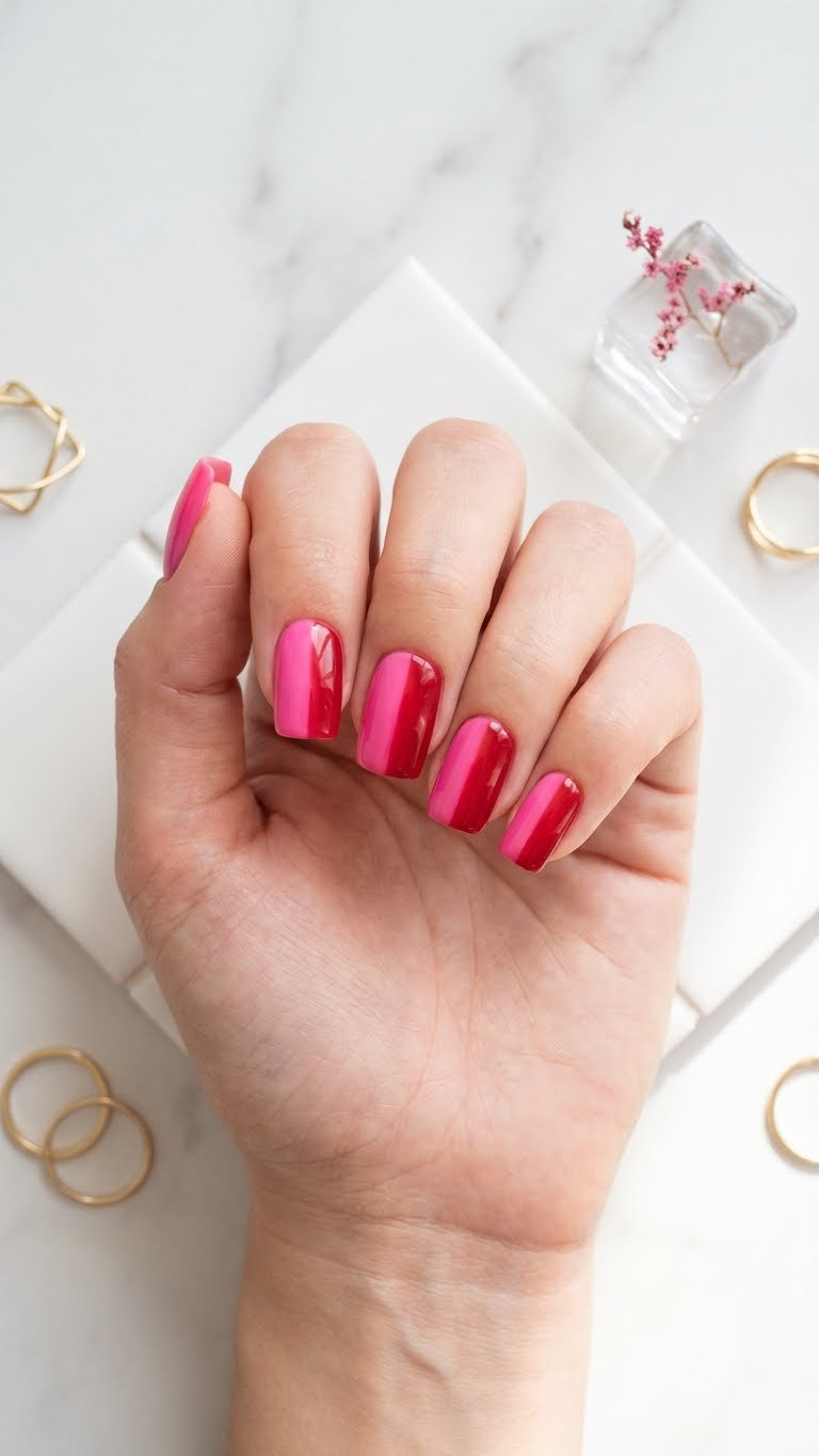 Modern vertical ombre square nails: vibrant hot pink to cherry red gradient. Flat lay on white tile, minimalist accessories.