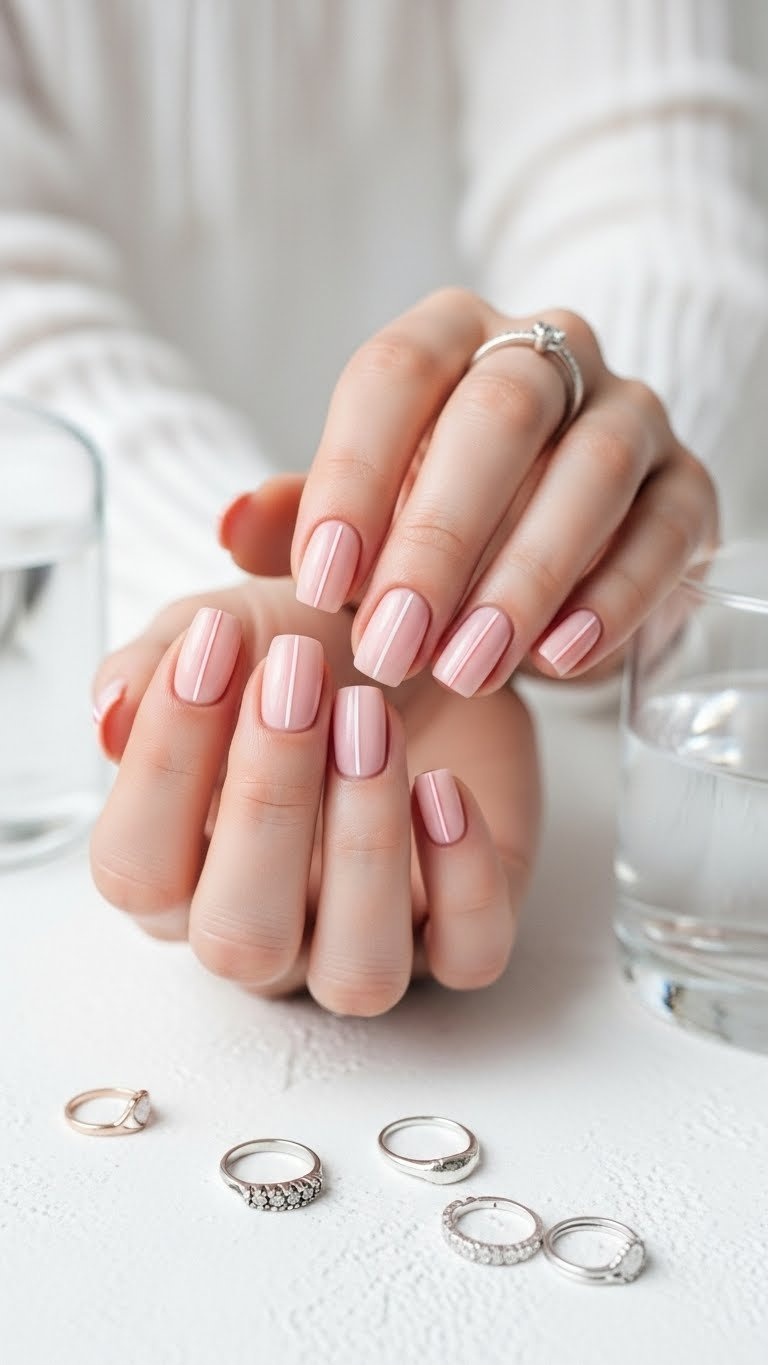 Modern very short natural Valentine's Day nails with minimalist blush pink vertical lines on a neutral background.