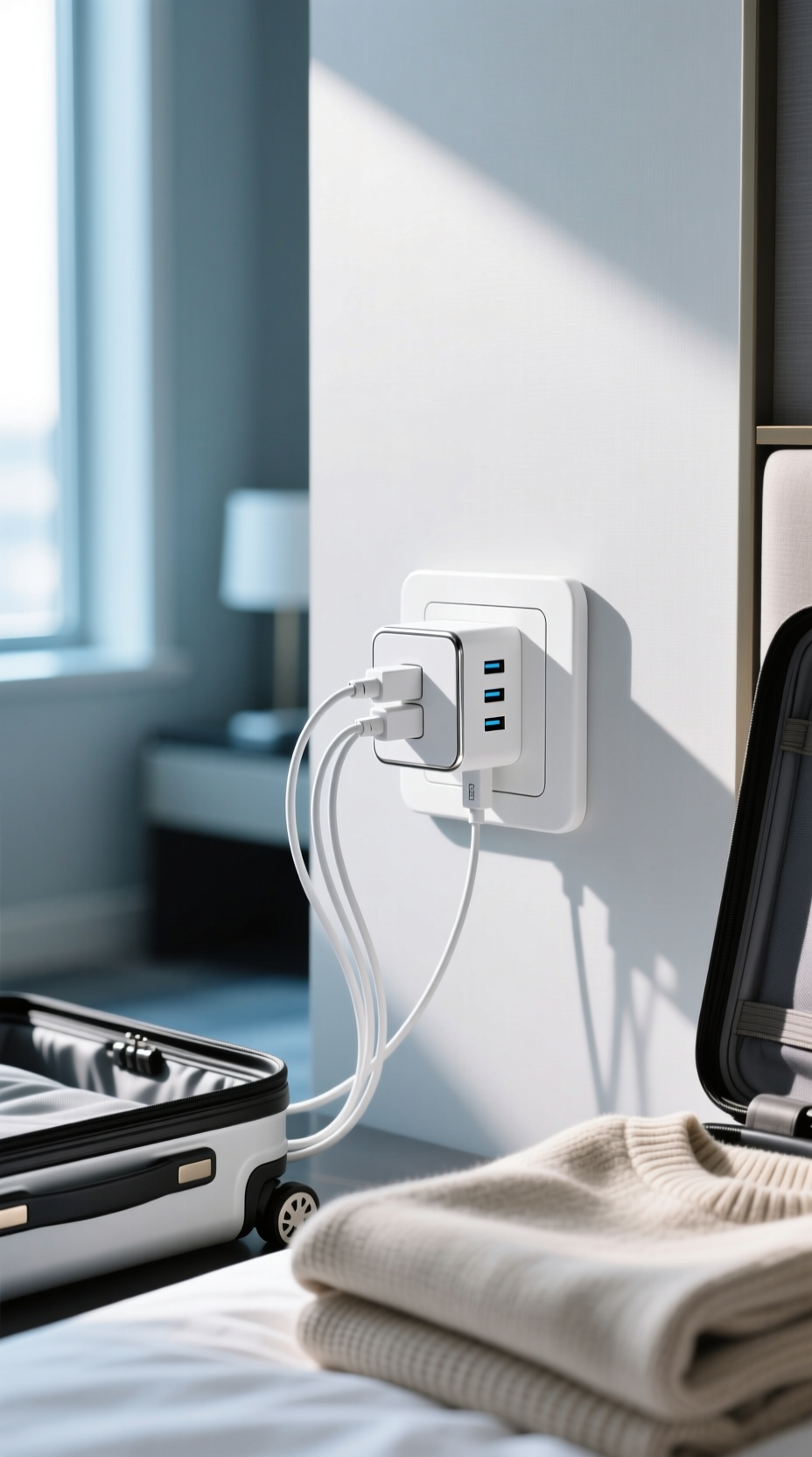 Modern white universal travel adapter with USB cables plugged into a European wall socket, ready for travel preparation.
