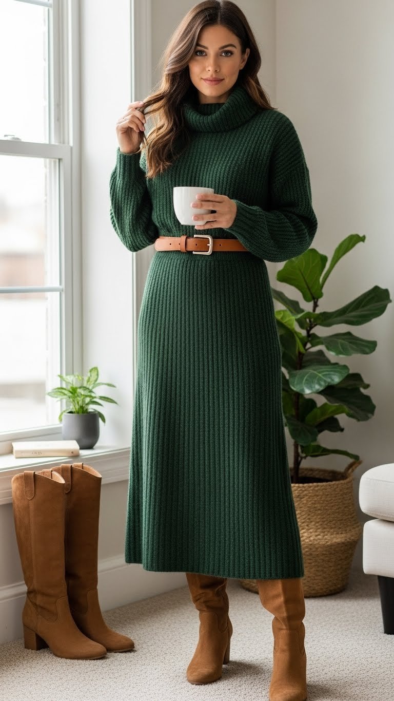 Monochromatic forest green knit sweater and midi skirt with brown suede boots, tan belt, and coffee in window light.