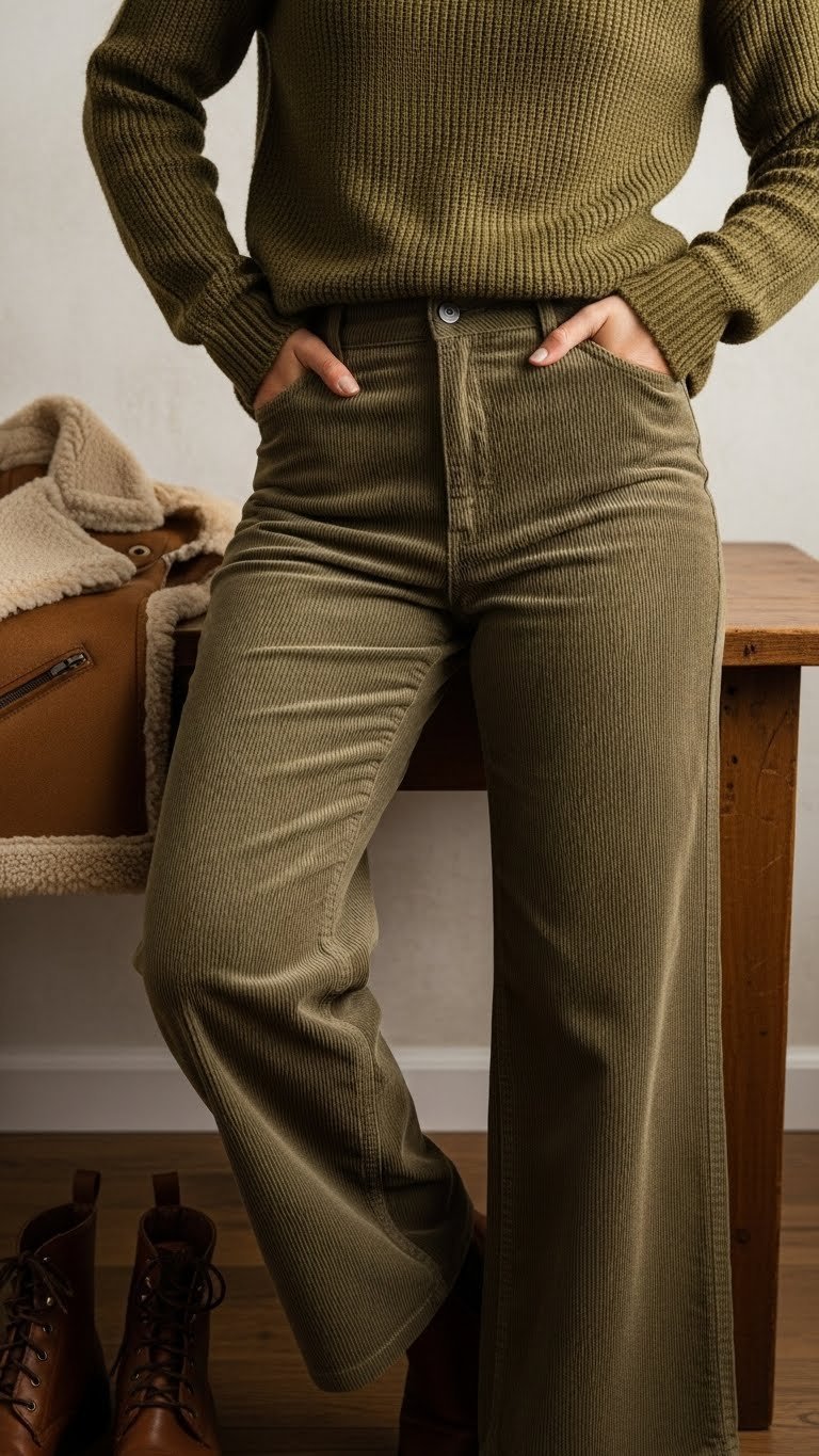 Moss green sweater, olive thermal, corduroy pants, shearling vest, distressed boots; cozy layered winter outfit.